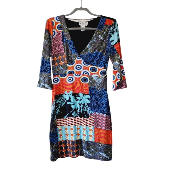 Papillon Artsy Patchwork Y2K V-Neck Stretch Jersey Boho Colorful Dress M - Picture 1 of 6